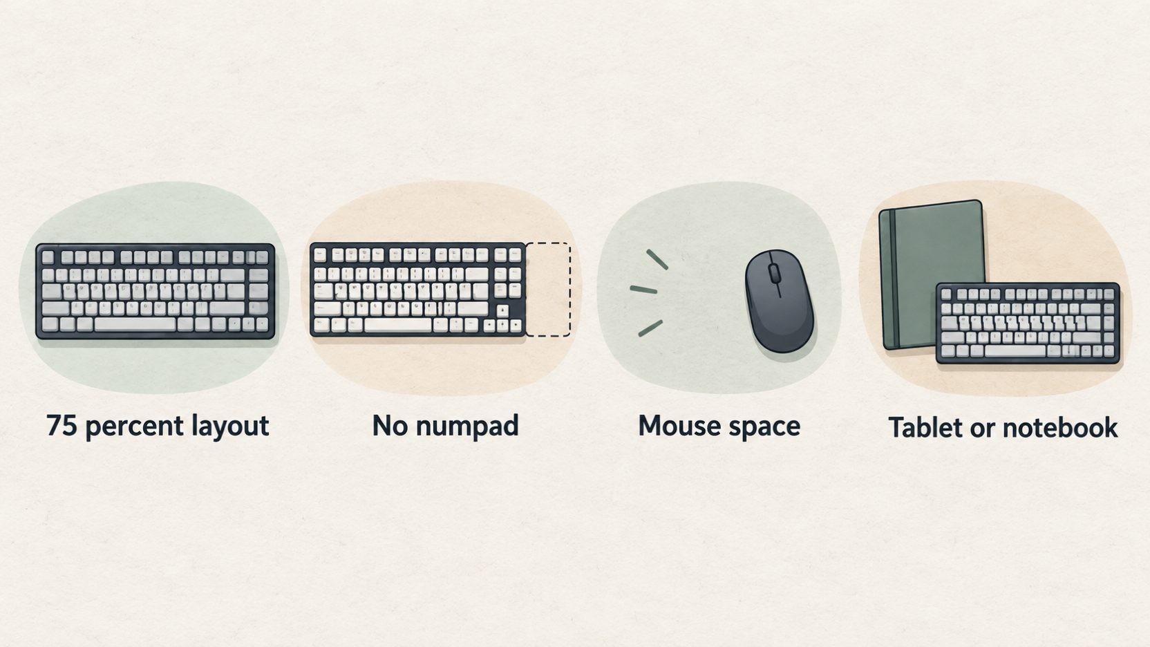 Illustrate how the 75 percent layout saves desk width compared with a full-size keyboard and leaves room for nearby study devices.