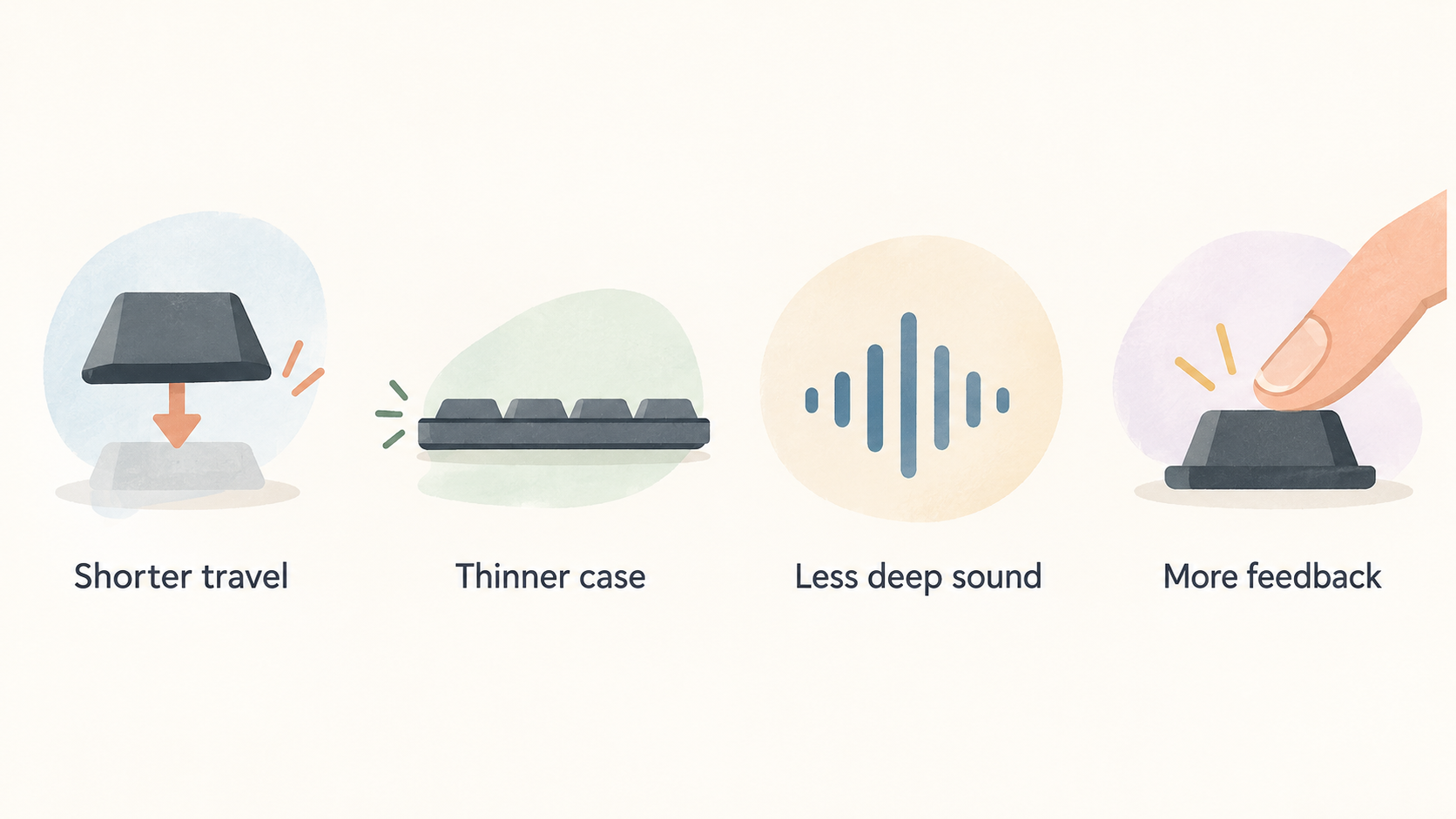 Show the stated differences in sound and tactile feel among the low-profile switch options.