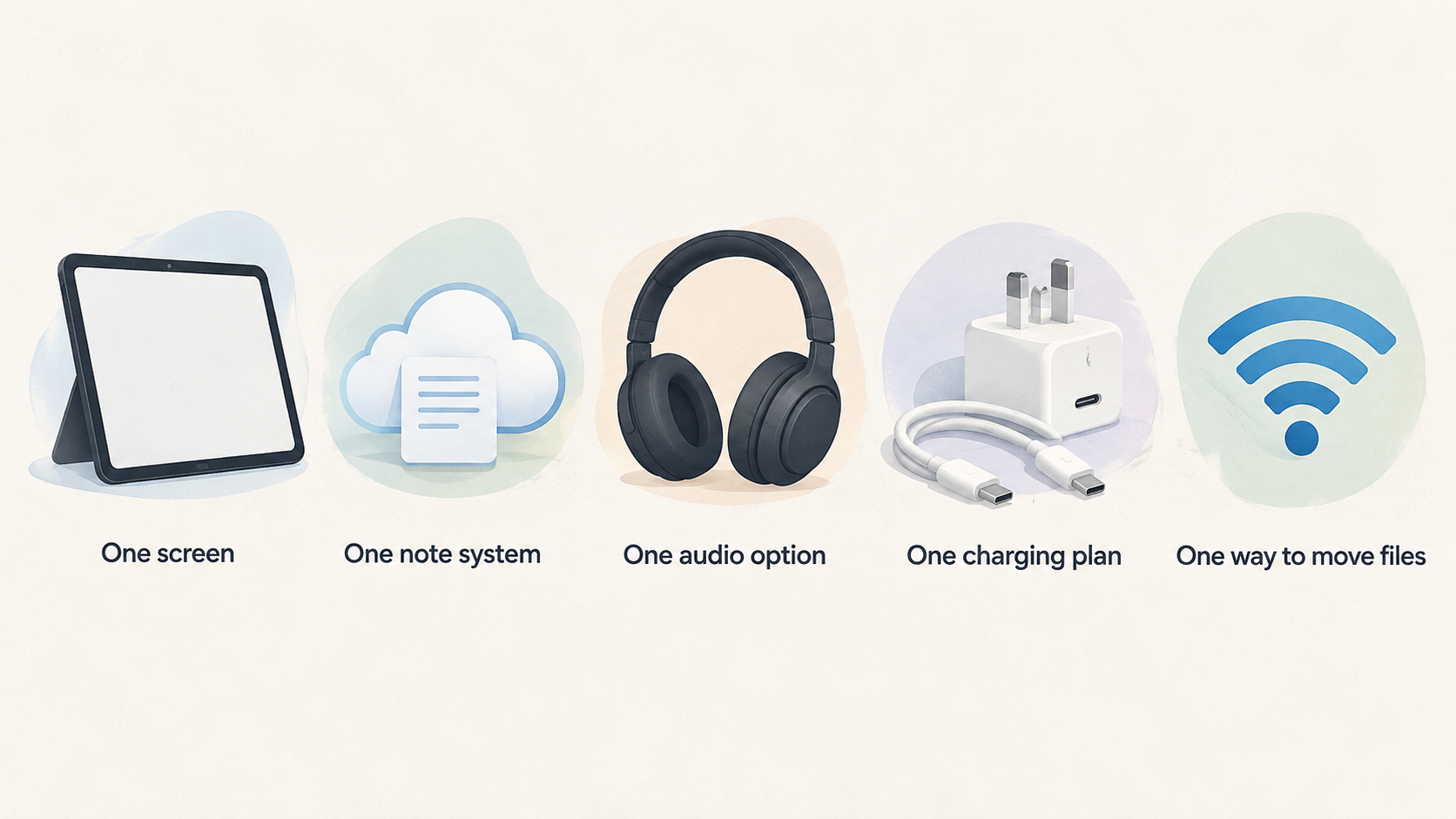 Show the five parts of the minimum useful kit as one horizontal row of labeled icons: one screen; one note system; one audio option; one charging plan; one way to move files.