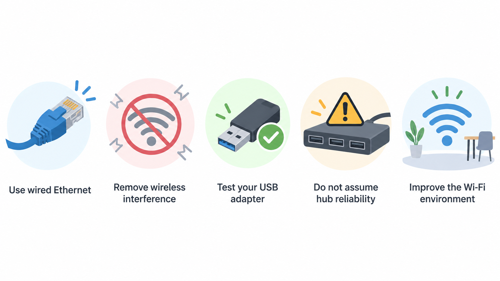 Show one row of four icons labeled Ethernet, Wi-Fi placement, Desk streaming test, Phone hotspot, using the connection options and checks stated in this section.