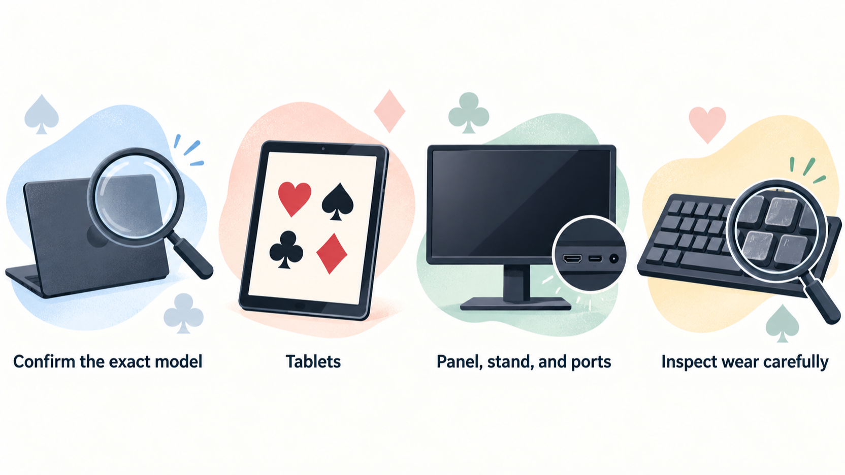 Show one five-point icon row of checks the article states readers should make before buying refurbished electronics.