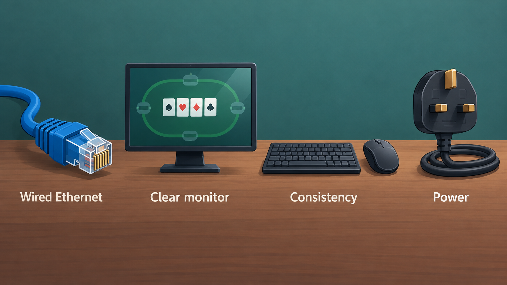 Show one row of five icons labeled Connection, Display, Keyboard and mouse, Power, Browser as the desk areas the guide covers.